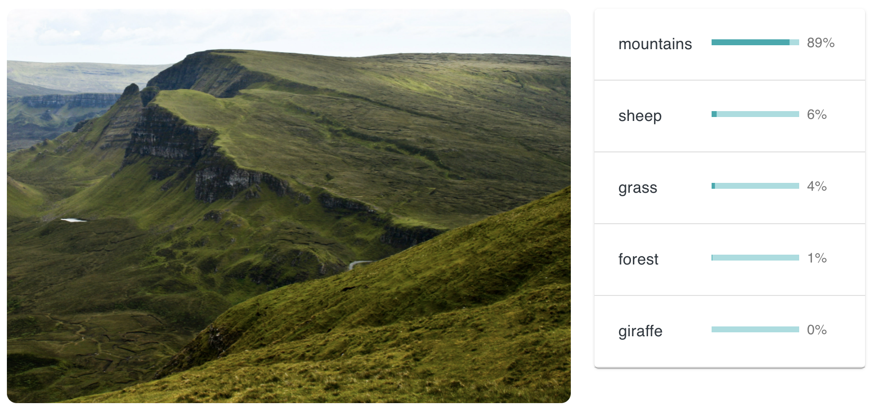 Same picture of Scotland but with the sheep erased. AI’s rated it as mountains: 89%, sheep: 6%; grass: 4%; forest: 1%; giraffe: 0%