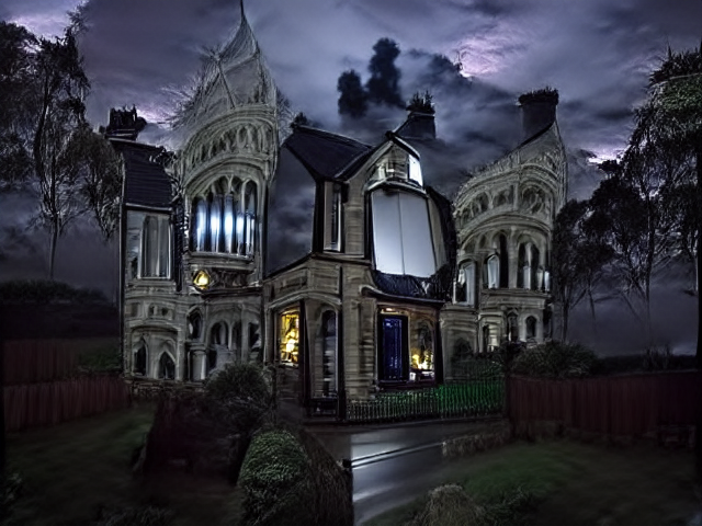 Left and right images show a similar stone house beneath moonlight with many ridiculous columns and layered balconies. The “normal very not haunted” house is a little bluer, and has less of the inviting golden light glimmering from its windows.