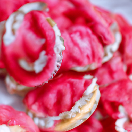 Sandwich cookies with a patchy red layer outside, textured like warm fruit roll-ups. Inside is a layer of shaggy cream and an improbably smooth-looking layer of liquid biscuit cookie.