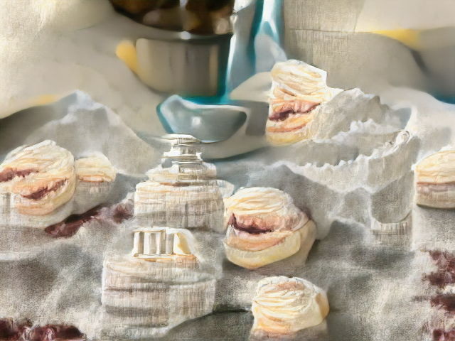 A white jagged background with crescents of toothlike mountains and possibly Grecian columns. Scattered among these are sandwich cookies cracked open to reveal a greyish burgundy filling.