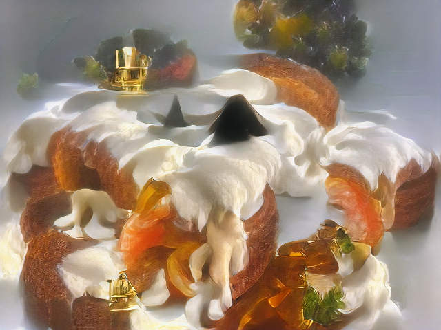 Golden cake covered with generous dollops of creamy frosting, from which peek two reddish wedges that might be orange slices. Everything is in dramatic soft focus and there are golden vessels glinting here and there, as well as clumps of broccoli-like greenery and two dark fins.