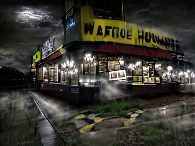 The moon shines from the clouds onto a Waffle House, brightly lit from within by cold white chandeliers. There’s mist everywhere, and it has just rained. The words “waffle house” are distorted almost beyond legibility.