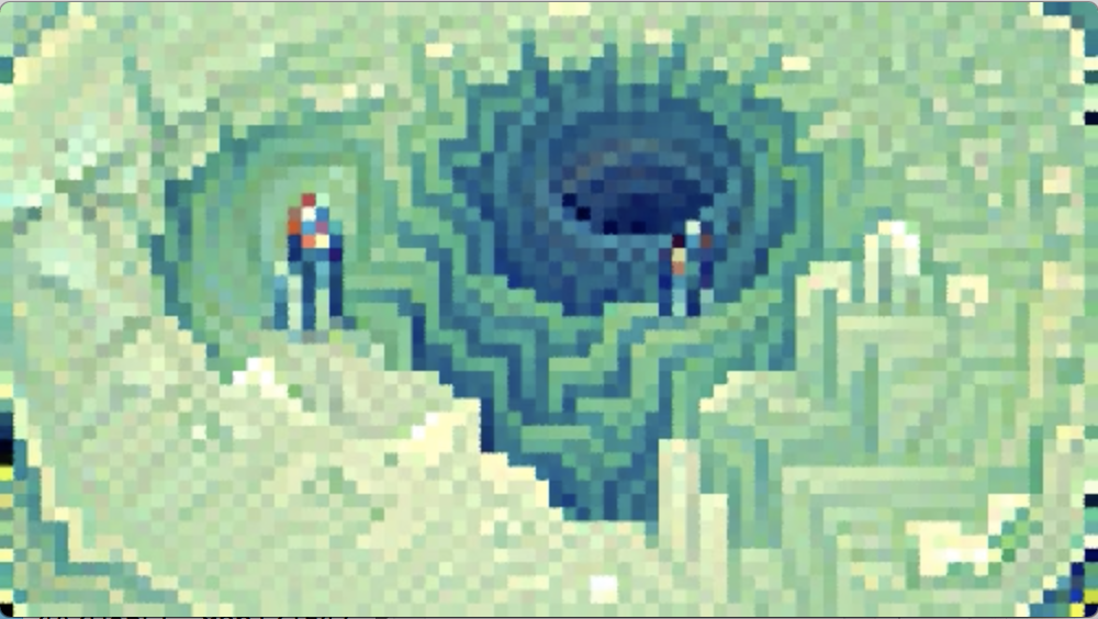 A deep hole into a green crystalline surface, getting darker and bluer as it descends. A couple of colorful pillars lean out from various ledges (they will turn out to be people looking down into the hole).