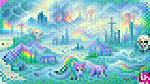 A landscape with burnt-out towers, burnt-out houses, and flames. The color palette is pastel, there are rainbows everywhere, and huge purple quadrupeds stalk the landscape among the occasional skull.