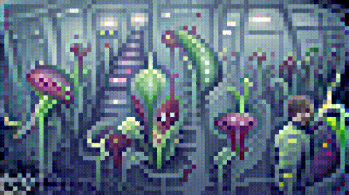 It is definitely a spaceship interior filled with carnivorous plants, most of which resemble some sort of pitcher plant. The camera heads down a long hallway, down which are more plants and some person with a bowl cut covering their eyes.