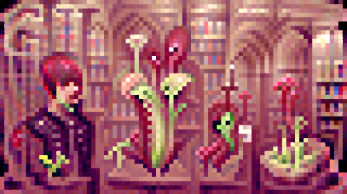 Pixelated library in wine, pink, and spashes of blue and green. Red and green plants with thick stems and chunky leaves rise luxuriously. Someone with red hair in an emo bowl cut (covering their eyes) and a fancy vest is standing to the left of the plants.