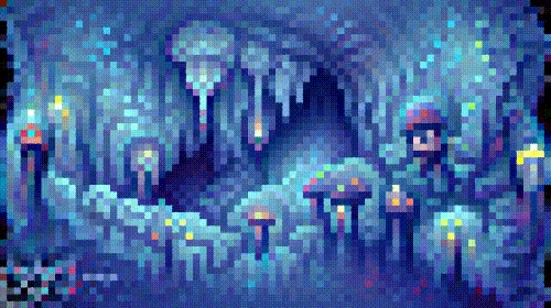 The camera zooms quickly away from the deepest cave tunnel and into a fold in the ceiling. The stalactites bleed a little and the glowing mushrooms look pretty, but the effect is spoiled by cartoon super mario faces that appear on the walls.