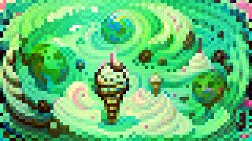 description: a pixelated landscape of swirling pinkish green against a mint background. Ice cream cones rise past spinning globes.