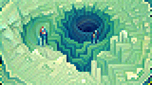 A single hole with a people standing on various interior ledges looking down. The camera zooms in on a spot a little to the left of the actual hole, and the ground beside the hole widens and starts to look like continents.