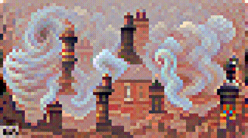 Red brick houses with classic Victorian chimneys, from which a blue-grey smoke swirls as it rises. But the buildings and chimneys are swirling and rising too, and it looks very strange.