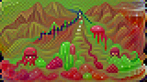 A vivid green and red landscape with wobbly jelly-like bushes and a straight trail leading into the horizon between brown mountains. The camera immediately veers away from the road and into the mountains, which have lots more jelly formations and, eventually, a giant jam jar.