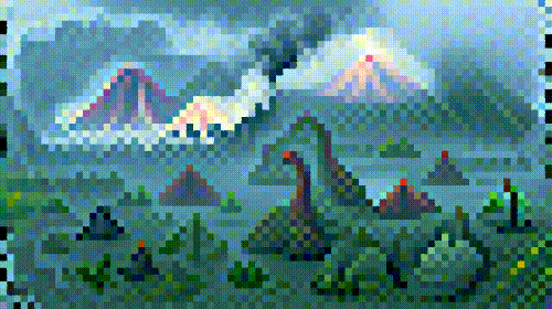 A green misty landscape scrolls by. Each pointy triangle is either a smoking volcano or the head of a old-timey iguanadon-looking dinosaur. Often the features oscillate between the two. The perspective is all over the place.