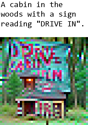 "A cabin in the woods with a sign reading DRIVE IN". Illustration is of a cabin with a light glowing from a single second-story room. Behind the cabin is a giant teal sign with magenta letters spelling out a very garbled version of Drive In.