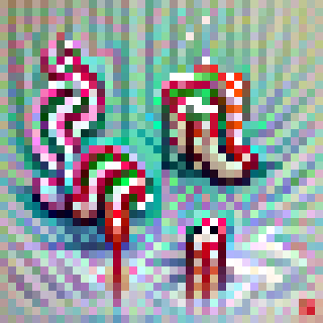 The candy canes look more like writing pink and green worms. There are three of whatever they are, though.