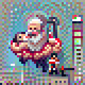 Santa's head and beard are visible, but the "great weight" appears to be giant intestines or something.