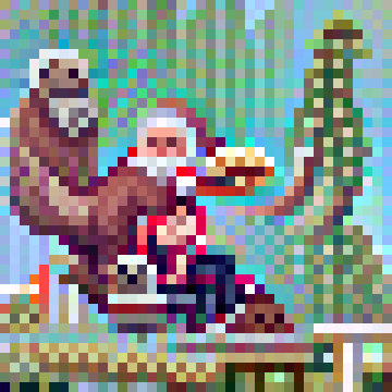 Santa's head is visible, and three blobs that might be attempts at sloth faces. A single arm is visible holding up a pancake.