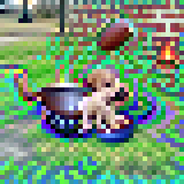 A puppy is visible with tail, head, and paws emerging from a bowl. Another bowl or possibly a frisbee hovers over its head. A brick wall is in the background and there is a fire for some reason.