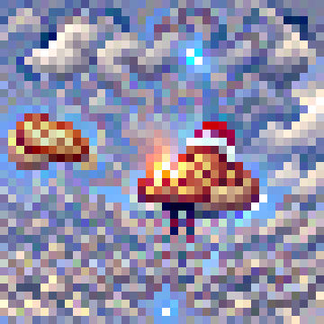 There is definitely a sky, and a santa hat, and a fire burning. The bread requires some more imagination.