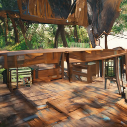 Dappled shade across the floor of a roughly built wooden treehouse