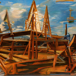 Very pointy wooden structures with sails rise above the frame of a wooden warehouse. Also there is a gondola in the sky.