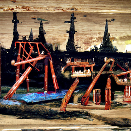 Red-painted wood pillars angle to the dirt beneath rickety smokestacks.