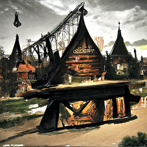A roller coaster teeters in black steel against dark-stained log buildings with steeply pointed roofs. It looks like a coal-stained amusement park.