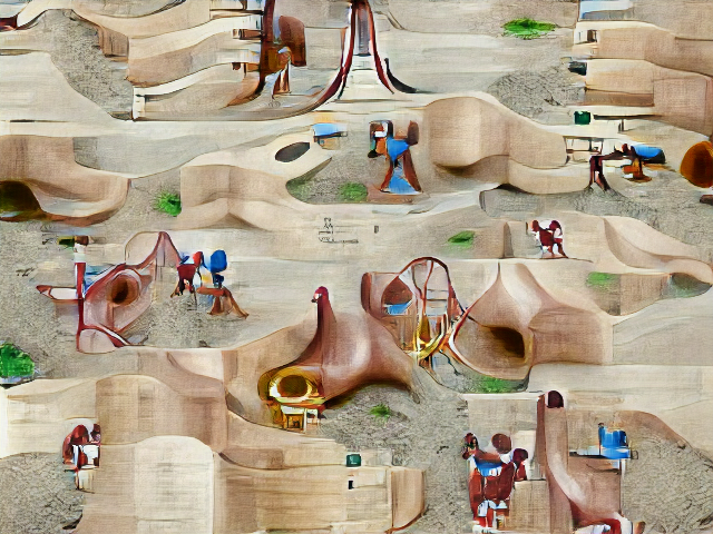 A concrete landscape with blue plasticky and brown leathery swoopy shapes that might be playground slides.