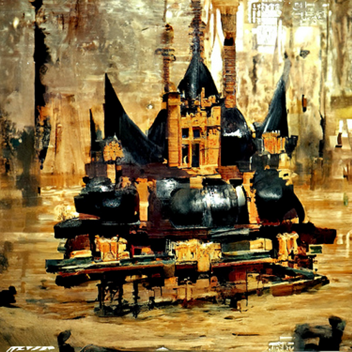 Ornate and gold and bulbous, half a golden castle and half black inner tube.