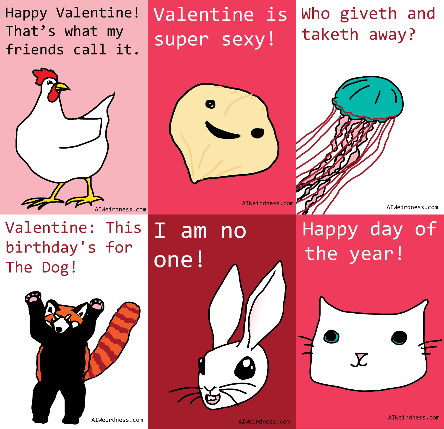 Happy Valentine! That's what my friends call it. - Image of a fat hen Valentine is super sexy! - Image of a chickpea Valentine: This birthday's for The Dog! - Image of a red panda Happy day of the year! - Image of a kitten I am no one! - Image of a happy bunny Who giveth and taketh away? - Image of a jellyfish