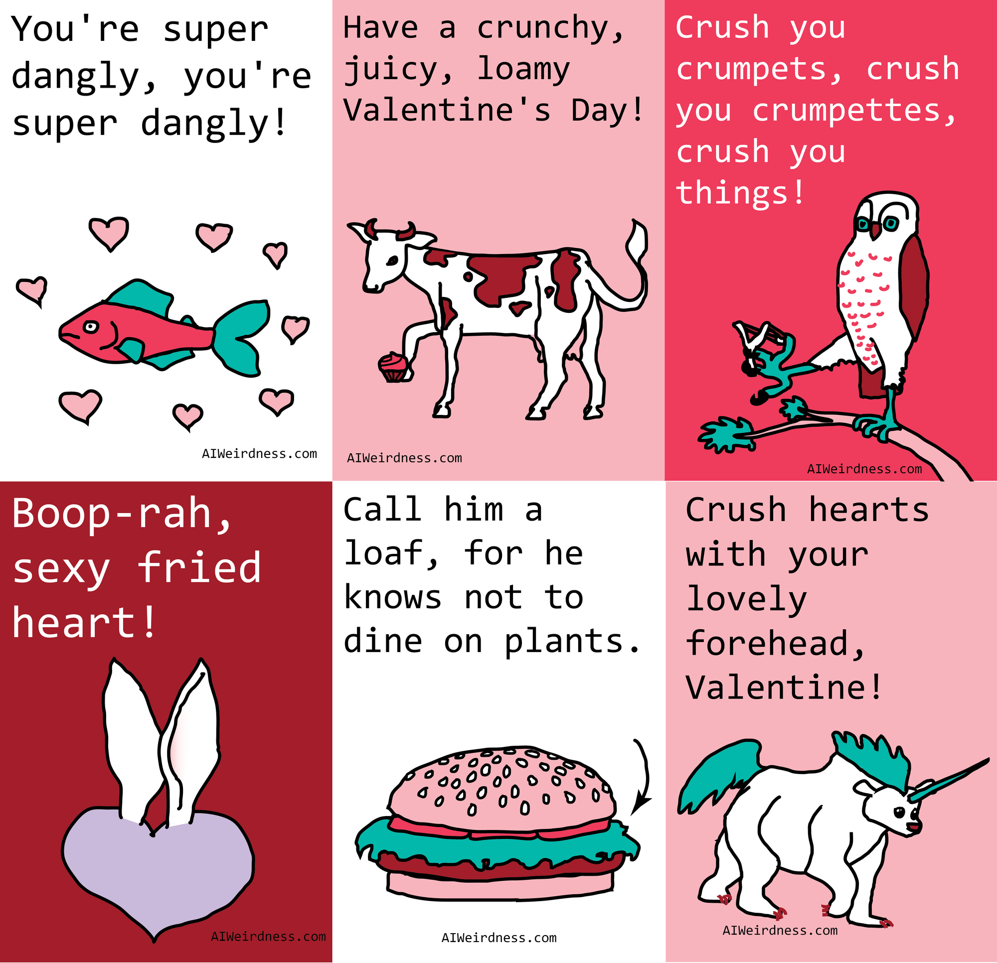 Boop-rah, sexy fried heart! - Image of a purple heart with bunny ears Have a crunchy, juicy, loamy Valentine's Day! - Image of a cow holding a cupcake Crush you crumpets, crush you crumpettes, crush you things! - Image of a owl with a slingshot You're super dangly, you're super dangly! - Image of a fish surrounded by hearts Call him a loaf, for he knows not to dine on plants. - Image of a hamburger with arrow pointing at lettuce Crush hearts with your lovely forehead, Valentine! - Image of a unicorn-bear hybrid