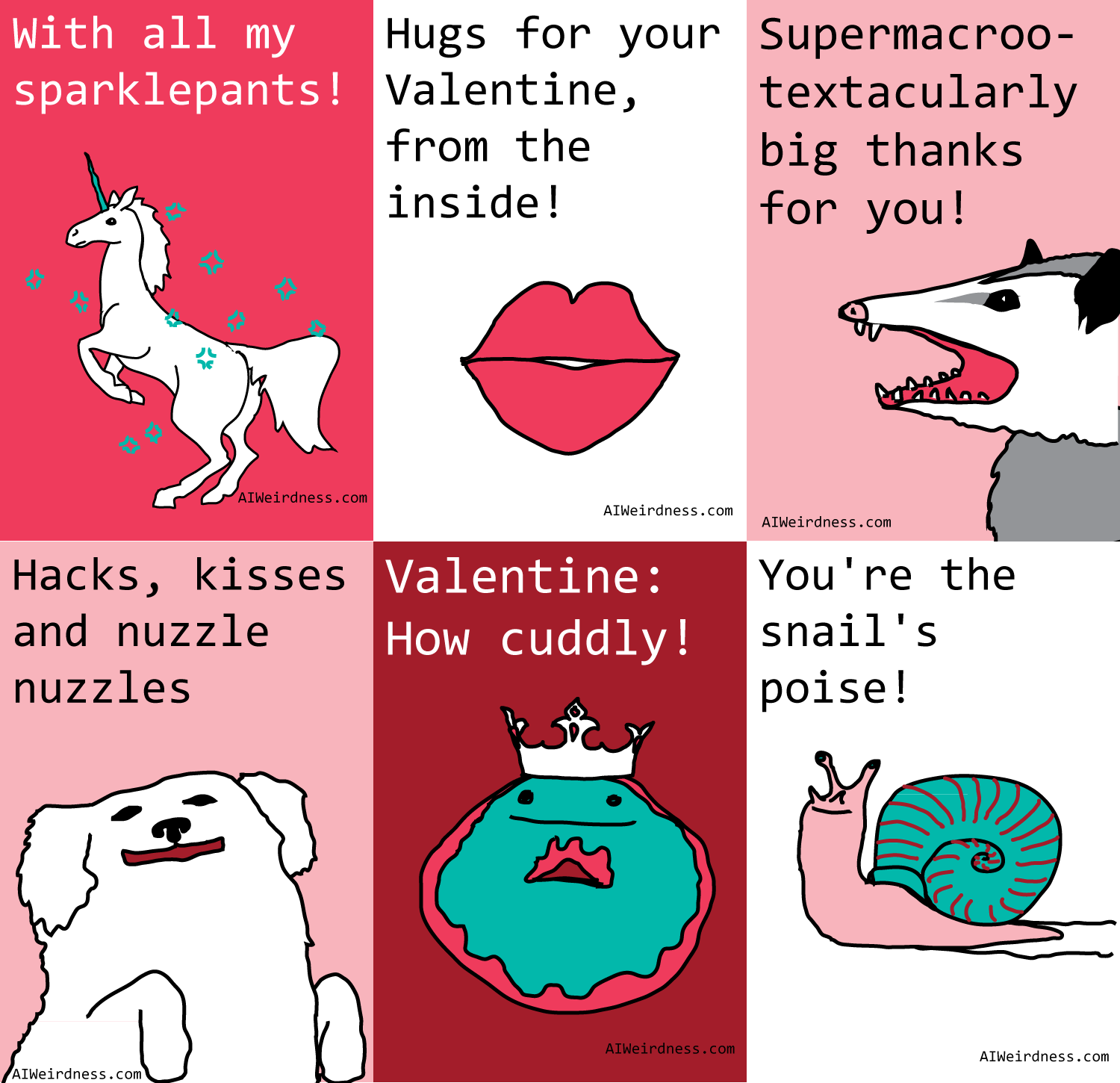 With all my sparklepants! - Image of a sparkly unicorn Hacks, kisses and nuzzle nuzzles - Image of a happy dog Hugs for your Valentine, from the inside! - Image of a pink heart-shaped mouth You're the snail's poise! - Image of a snail Valentine: How cuddly! - Image of a doughnut wearing a crown Supermacrootextacularly big thanks for you! - Image of a tenacious opossum