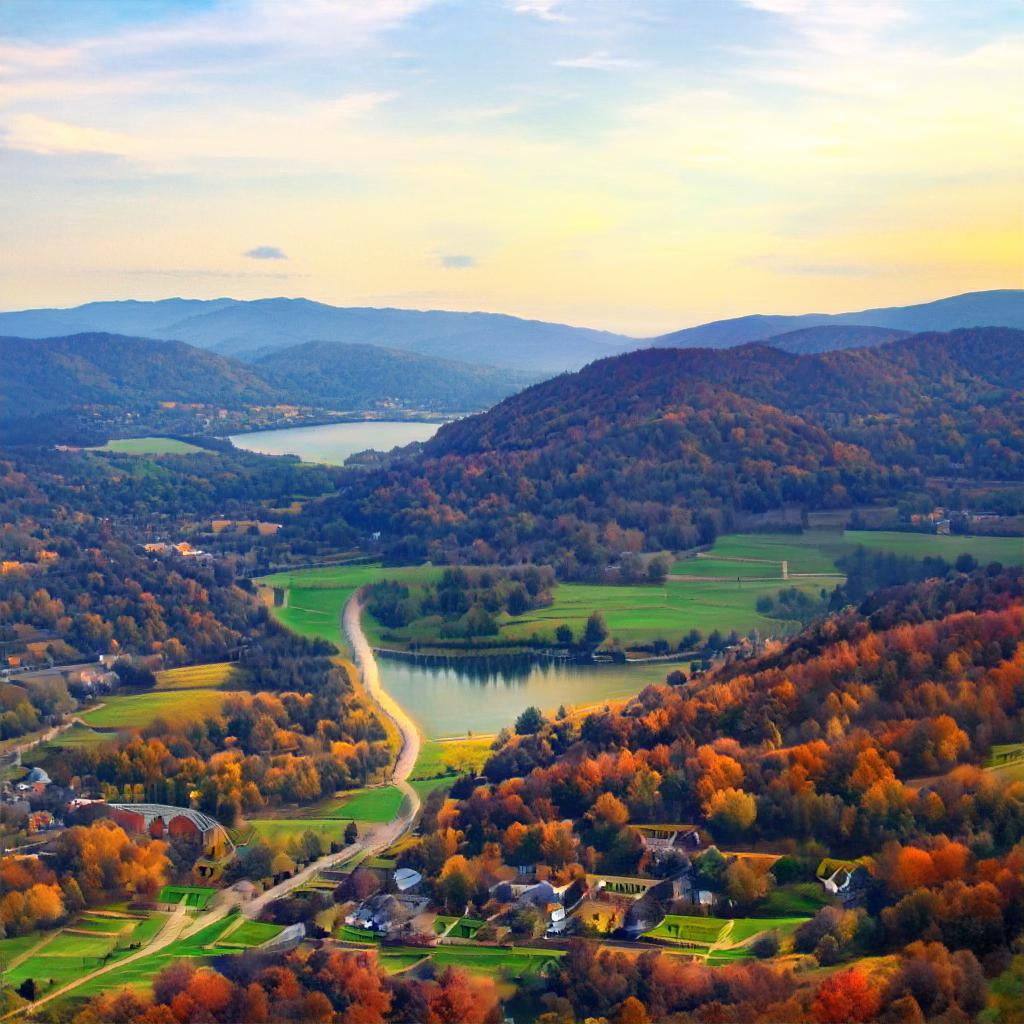 Deciduous trees in autumn leaf stretch over low mountains, with the valleys filled with green farms, lakes, and the occasional neighborhood. It looks a lot like Scotland.