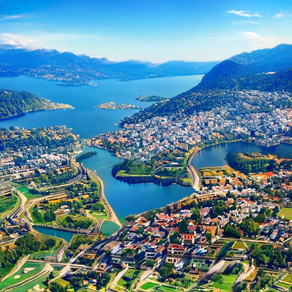 A bay cuts through a city beneath green hills. The city is definitely not as large or as built-up as San Francisco, and the houses in the foreground are more like distorted sketches among confusing streets.