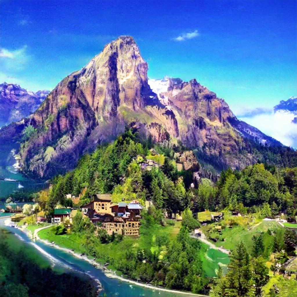 The same scene as before, but with the mountains and apartment buildings looking rather blurry and melty. The trees are more saturated and less distinct.