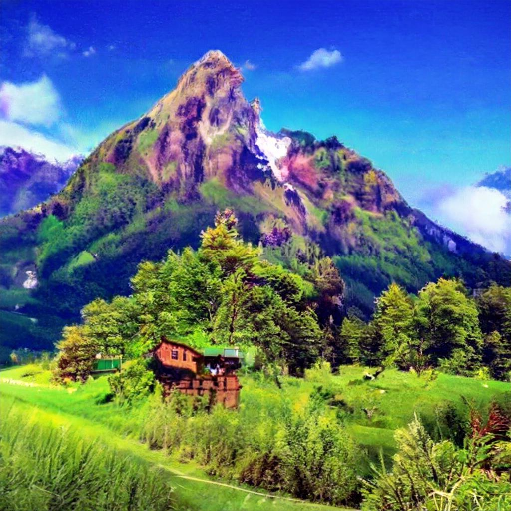 The mountains are blobby and saturated and not at all realistic-looking. The apartment buildings are replaced by a single twisted barn, and the trees are now deciduous.