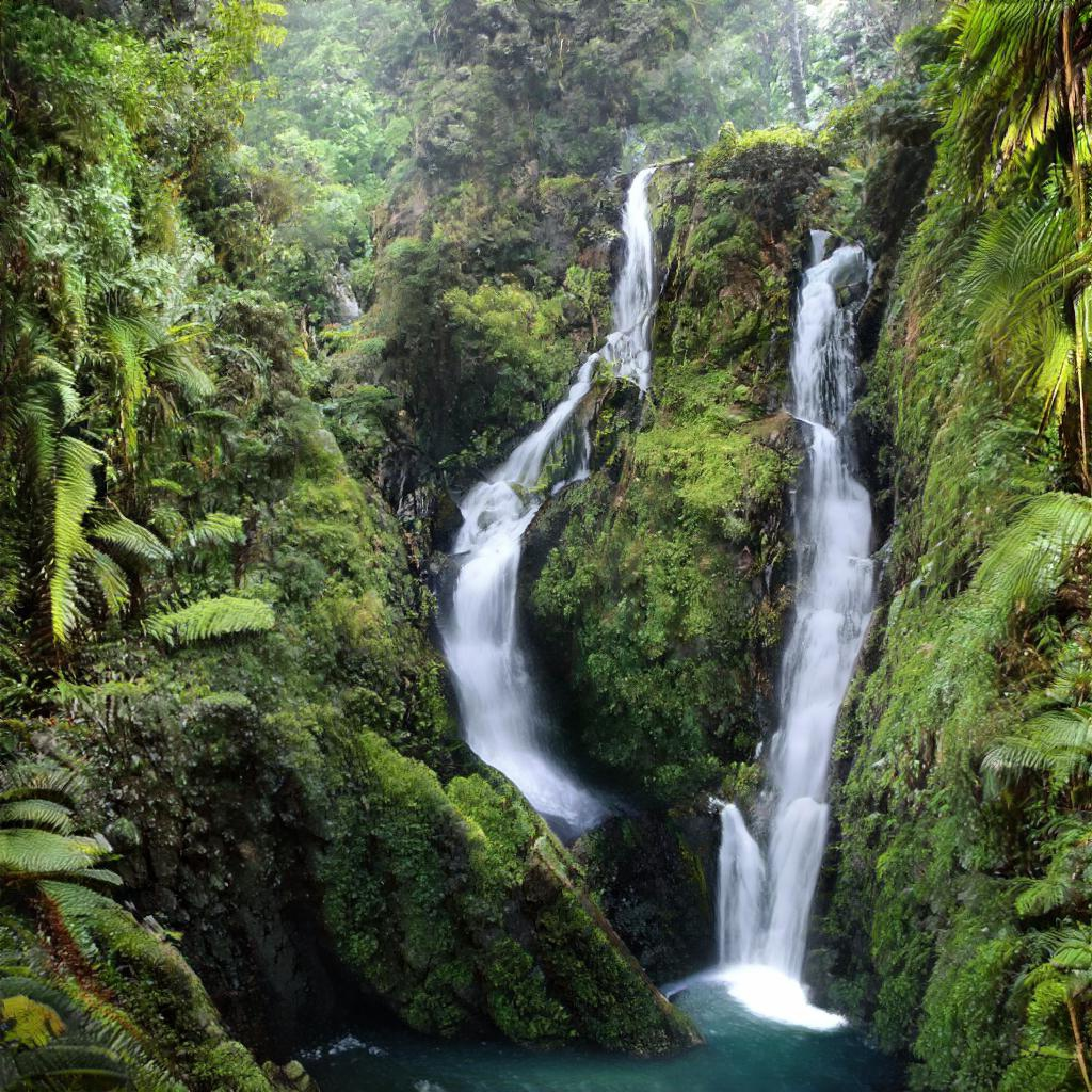 Twin waterfalls descend a mossy, fern-covered cliff. The scene is nearly photorealistic.