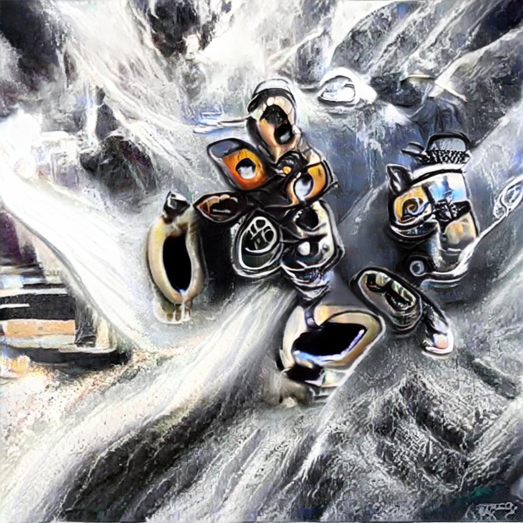 The heart of a river rapids, with a twisted up chrome motorcycle emerging from the water. Maybe. It’s very abstract.