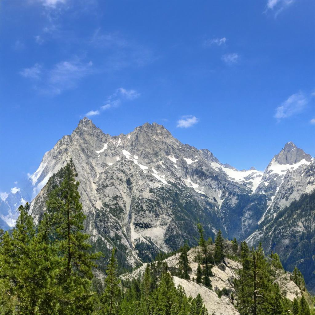 Looking up a rocky, evergreen-covered ridge toward steep jagged mountains, with the remnants of spring snow above treeline.