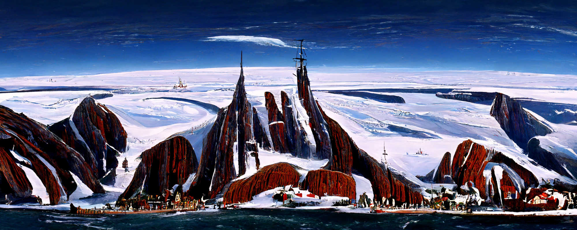 An icy plateau on the edge of a blue-green sea. Beneath the ice sheet and along the coast are deep red rock formations.