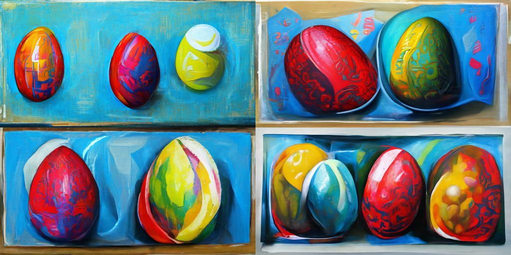 Eggs swirled with abstract vivid colors. None of them are perfectly egg-shaped and one seems to be partially split with yolk hanging out.