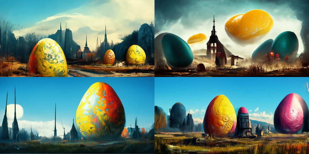Vast landscapes with bare trees and pointed church towers. Looming over the trees and towers are huge easter eggs. In one photo, yolks float ominously in the sky.