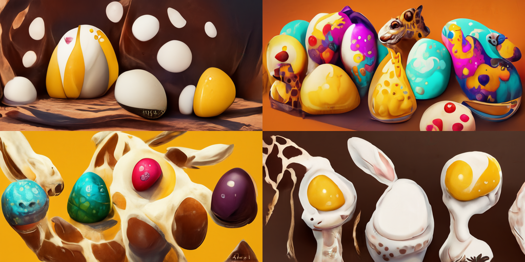 floating vaguely egg-shaped objects, some of which are colored like egg yolks and whites. There are splashes of giraffe spots and also splashes of egg whites. Fun. Motion-filled. Does not really look like easter eggs.