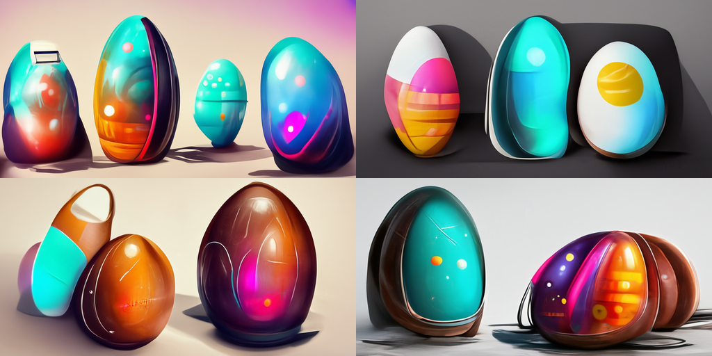 sleek smooth egg-shaped plasticky objects with wobbly curves and bright colors. One has a tiny viewscreen. Another is white with a yellow circle, like an egg.