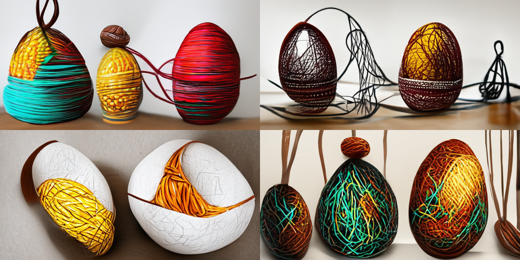 egg-shaped swirls of colorful string, some with a yellow-and-white color scheme that looks like eggs.