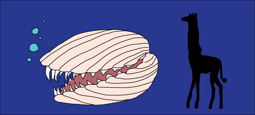Drawing of a clam with sharp mammal teeth. It is shown next to the silhouette of a giraffe, about the same size.