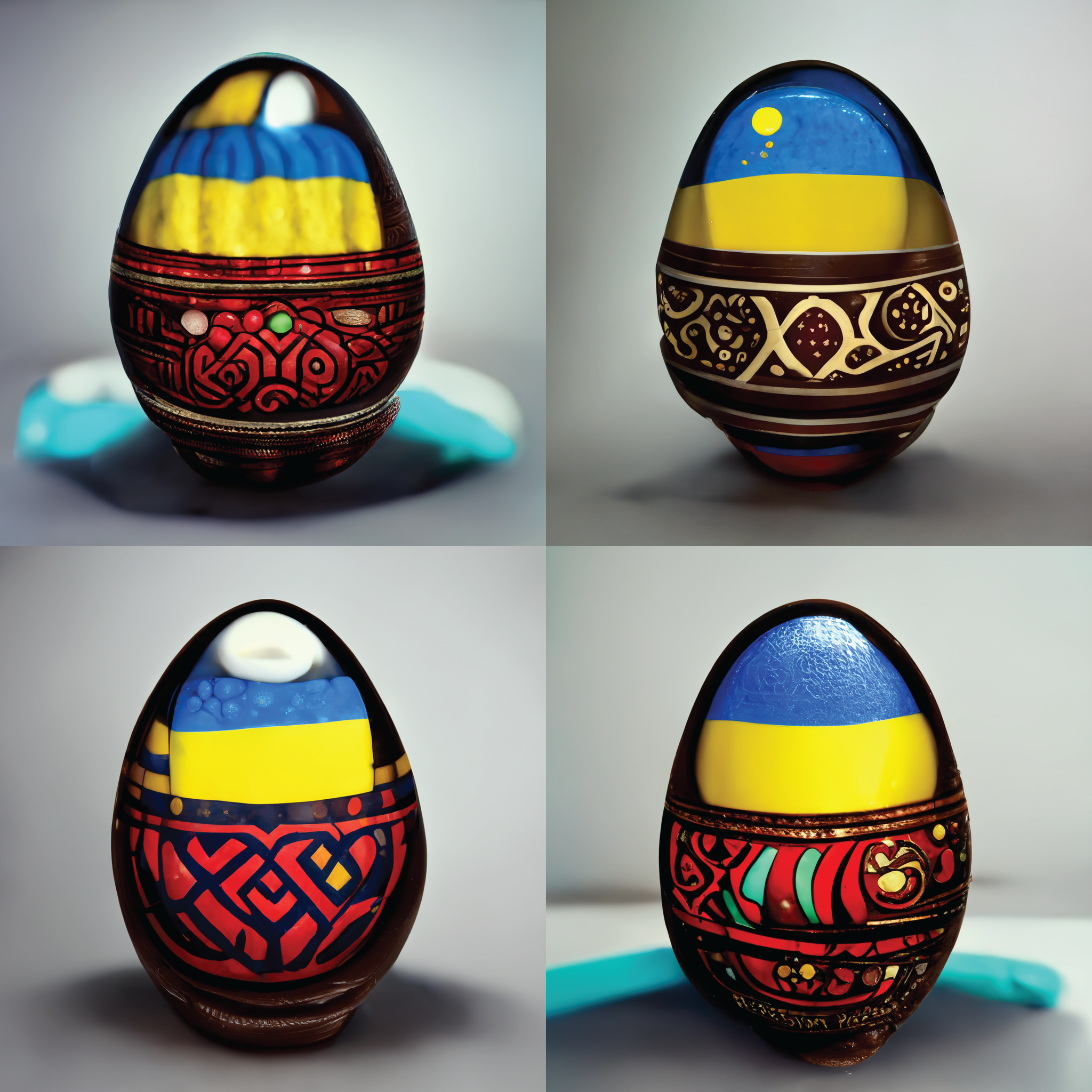 Glasslike eggs whose bottoms are decorated with geometrical red and black patterns and whose tops have the blue and yellow pattern of the Ukranian flag. Here and there are dots of yellow like egg yolks. Or maybe that's just me.
