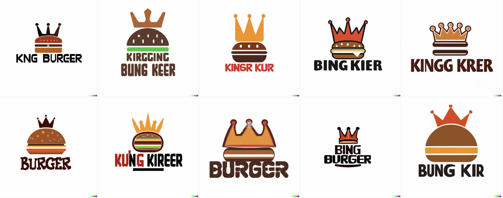 Logos that are burgers with crowns on them. The text reads variations on "Kirgging bung keer" and "bing burger" and "BURGER" and "Bung Kir"
