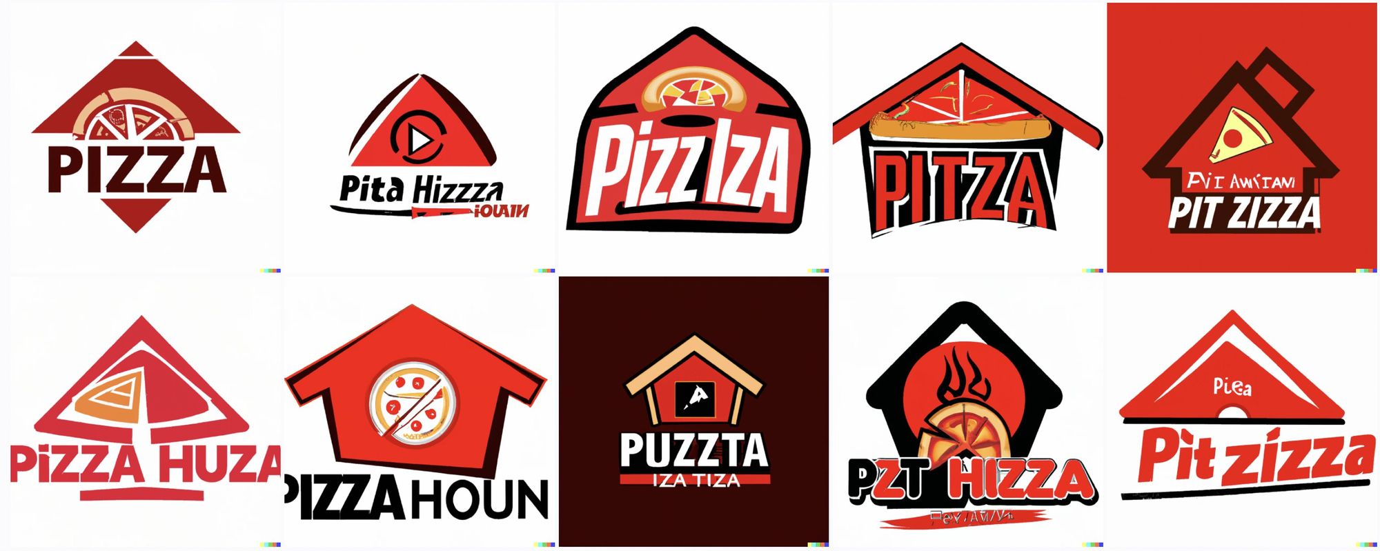 Various logos in black and red, some with small pizzas or wedges of pizza on them. They read variations on "pizza huza" and "Pitza" and "Pit zizza"
