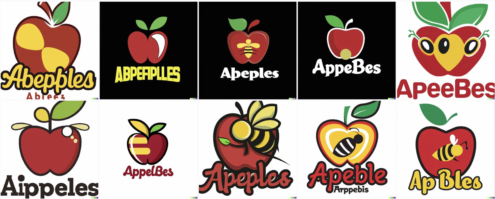 Red apple logos, some with bumblebees on them. Text reads "Aippeles" or "Abperiplles" or "Abepples" or "Apeebes"