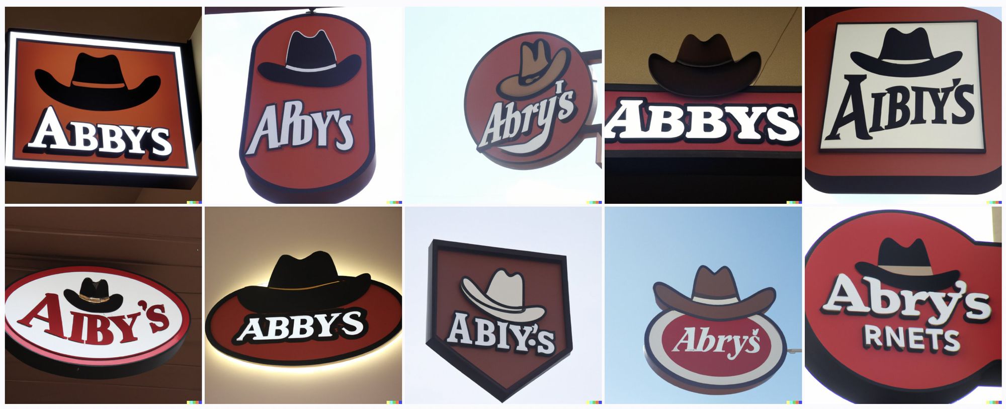 They are all signs with a brown cowby hat on top. The text reads variations on "Abby's", "Abry's", and "Aibiy's"